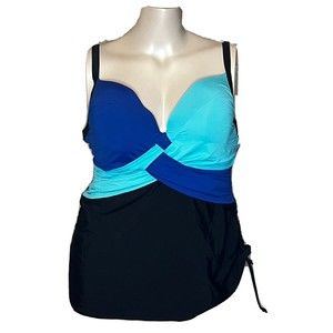 LANE BRYANT 40DD Black Blue Tankini Swim Top Built In Bra Twist Front Plus Size